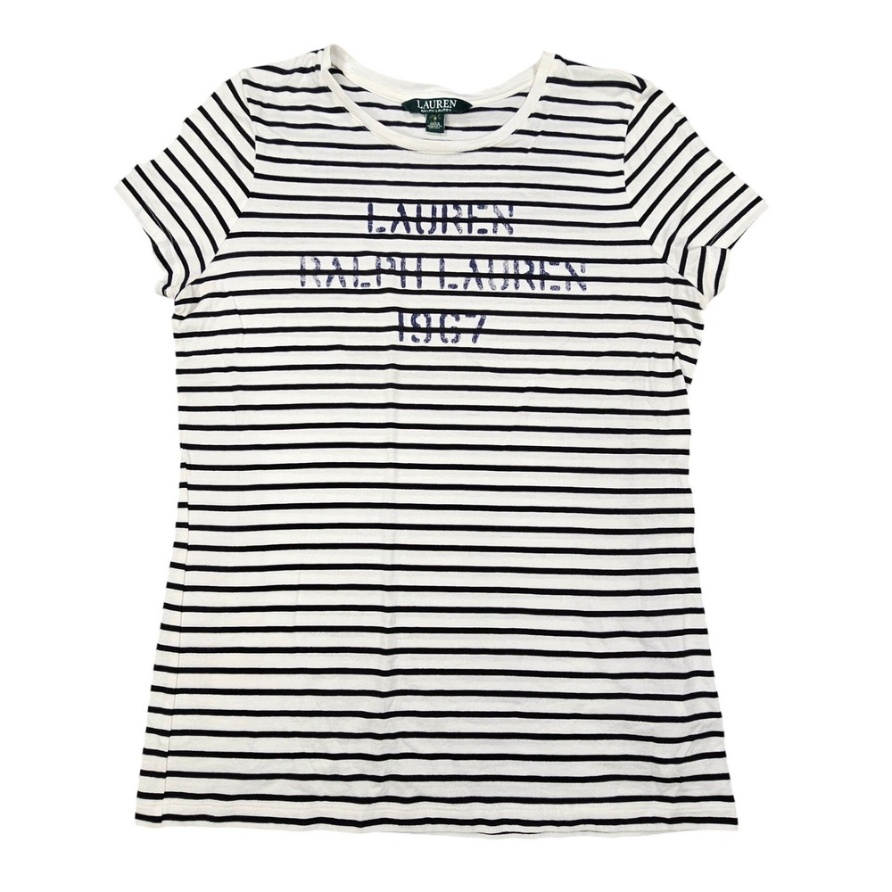 Lauren Ralph Lauren Striped Logo T-Shirt‎ Womens Small Navy White 1967